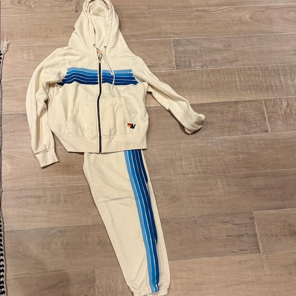 Aviator Nation Cream Hoodie & Jogger Set with Blue Stripes